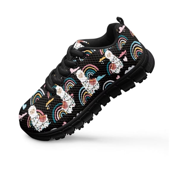 Uourmeti Girls Shoes Size 11.5 Kids School Sneakers Llama Rainbow Print Mesh Walking Shoes Casual Lace Up Athletic Running Trainer