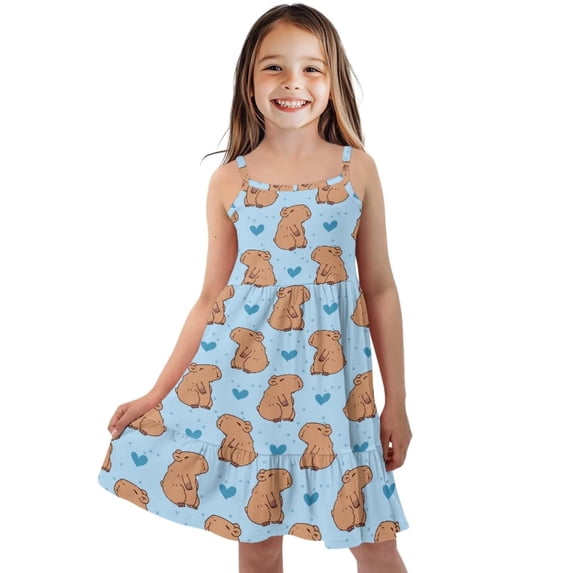 Uourmeti Girls Sleeveless Dress 11-12y Spaghetti Strap Sundress Capybara Love Tiered Dress for Summer Girls Swing Midi Tank Dress Kids Cute Capybara Clothes