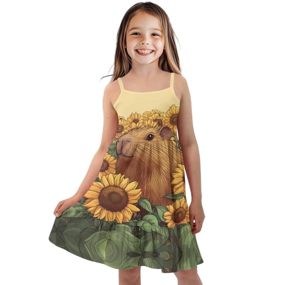 Uourmeti Girls Summer Dress Capybara Sunflower Swing Dresses for Girls Causal Spaghetti Strap A Line Tiered Dresses for Kids Cute Capybara Sundress,13-14y