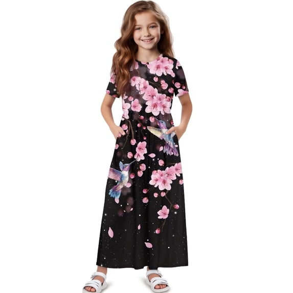 Uourmeti Girls Summer Dress Cherry Blossom Hummingbird Print Short Sleeve Round Neck Flowy Tiered Casual Long Maxi Dress with Pockets, Size 9-10 Years