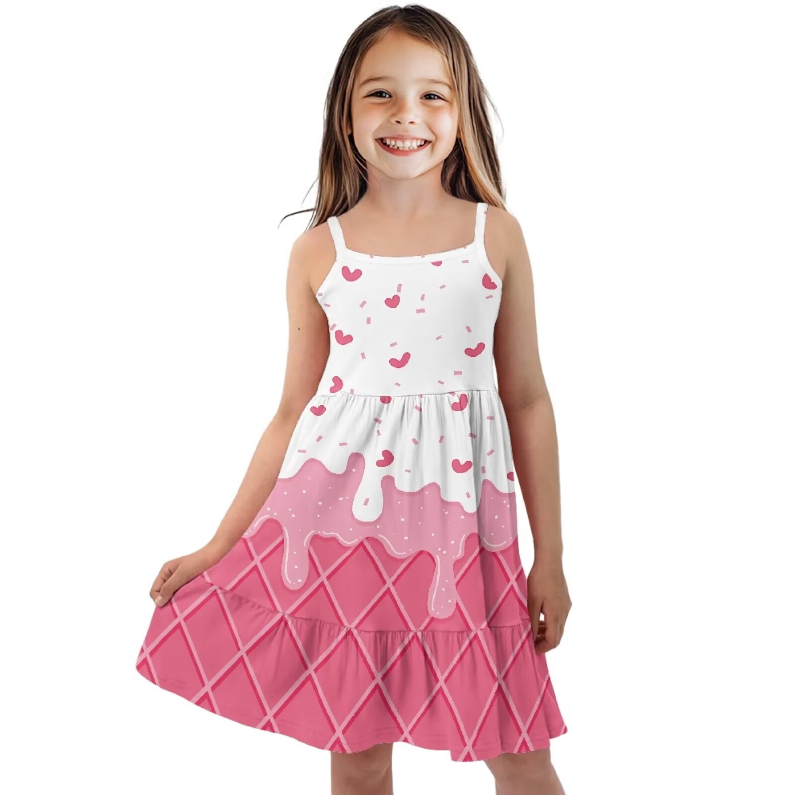 Uourmeti Girls Summer Dress Ice Cream Print Spaghetti Strap Cami Dress Boho A Line Swing Dresses 3-4t Little Girls Tiered Sundress for Kids