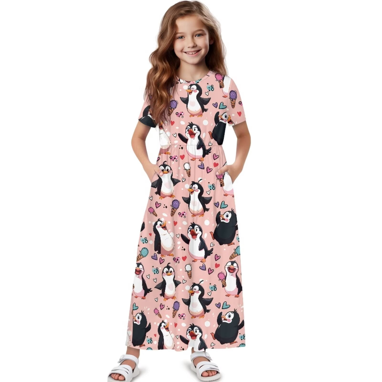 Uourmeti Girls Summer Maxi Dress Cartoon Penguin Print Short Sleeve Crew Neck Casual Loose Flowy Tiered Dresses with Pockets, Size 9-10 Years