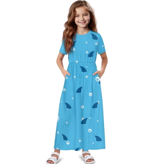 Uourmeti Girls Summer Maxi Dress Shark Fin Print Short Sleeve Crew Neck Casual Loose Flowy Tiered Dresses with Pockets, Size 5-6 Years