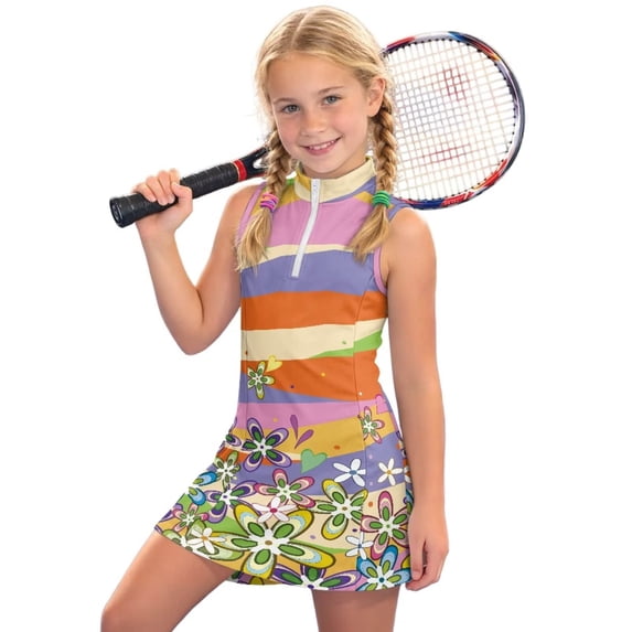 Uourmeti Girls Tennis Dress Rainbow Floral Stripe Print Stand Collar Athletic Dress with Pockets Sleeveless Pickleball Golf Dresses for Girls Summer Outfits Kids Workout Clothes