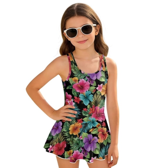 Uourmeti Girls' Tropical Hibiscus Floral Print Skirted One-Piece Swimsuit - Quick Dry, Stretchy Swim Dress for Beach & Pool Vacations