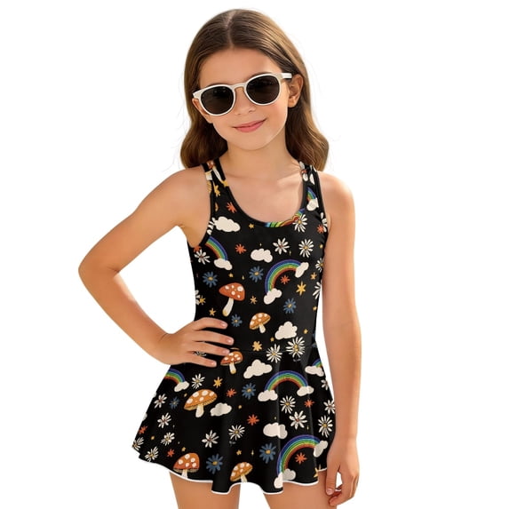 Uourmeti Girls' Whimsical Mushroom Rainbow Floral Swim Dress - Sleeveless Skirted One-Piece Bathing Suit, Quick Dry & Stretchy for Beach, Pool & Vacation