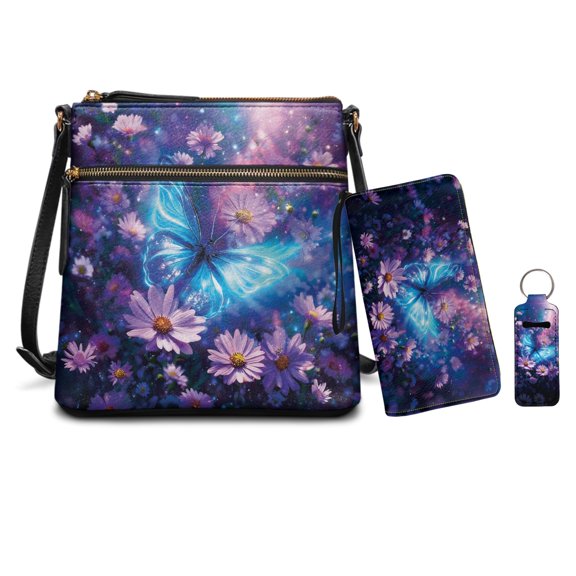 Uourmeti Glowing Blue Butterfly Floral 3Pcs Crossbody Hobo Bag and Wallet Set with Clutch Cell Phone Wallet Lipstick Storage Bag with Multi-Pocket