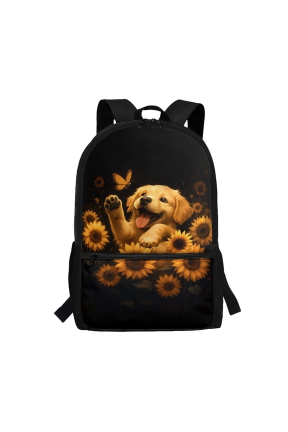 Golden Retriever Sunflower Large Storage Space Polyester Backpack, 17 Inchs Smooth Zipper School Backpack Portable Student Bookbag for Students