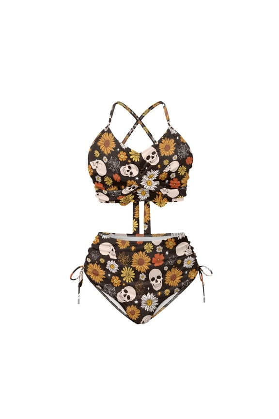Goth Skull Floral Brown Swimsuit Bikini Top Bottom for Women Two Piece Beach High Waisted Twist Front Swimwear Tummy Control Bathing Suit Tie Two Sides Bottom Sexy Push Up Swimsuits Bikinis