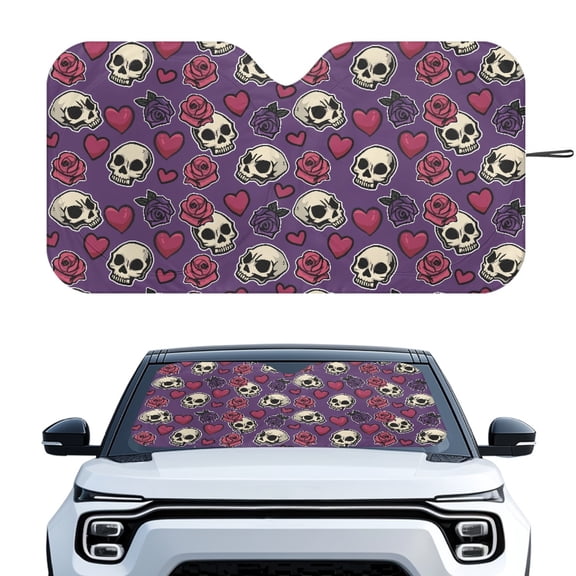 Uourmeti Goth Skull Rose Heart Windshield Sun Shade - Foldable UV & Heat Blocker for Cars, SUVs & Trucks - Stylish Automotive Interior Accessory