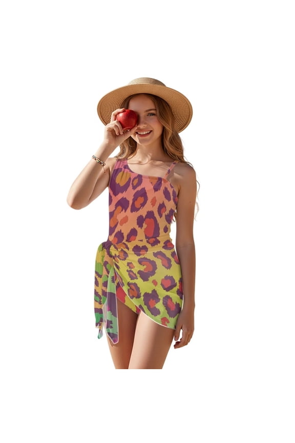 Gradient Leopard Print Girl's One Piece Swimsuits Cheetah Color Block Cutout One Shoulder Bathing Suit with Mesh Cover Up 1 Piece Adjustable Swimsuit Strap Swimwear Rainbow Colorful