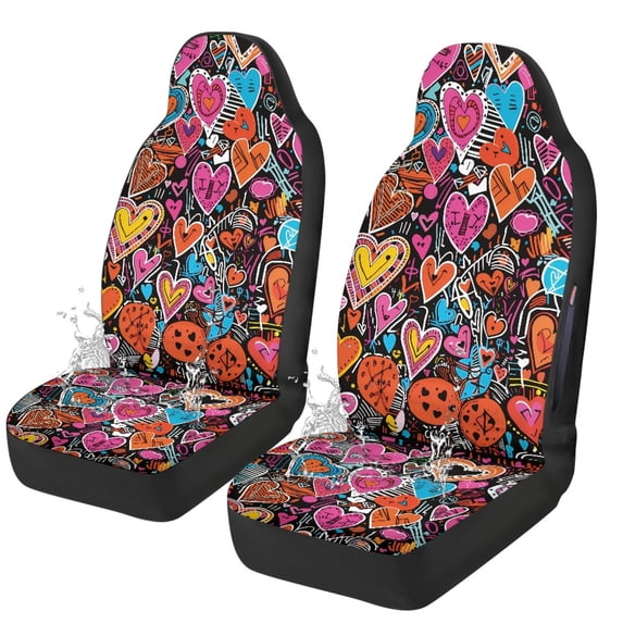Uourmeti Graffiti Heart Stretch Waterproof Car Seat Covers, Set of 2 Stretchy Polyester Vehicle Cushion Protector for Auto and SUV
