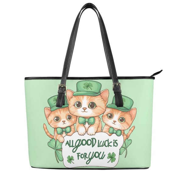Uourmeti Green Cats Clover Luck Design Saddle Handbag for Dating, Leather Tote Bag with Casual Lightweight Purse Tote Bags