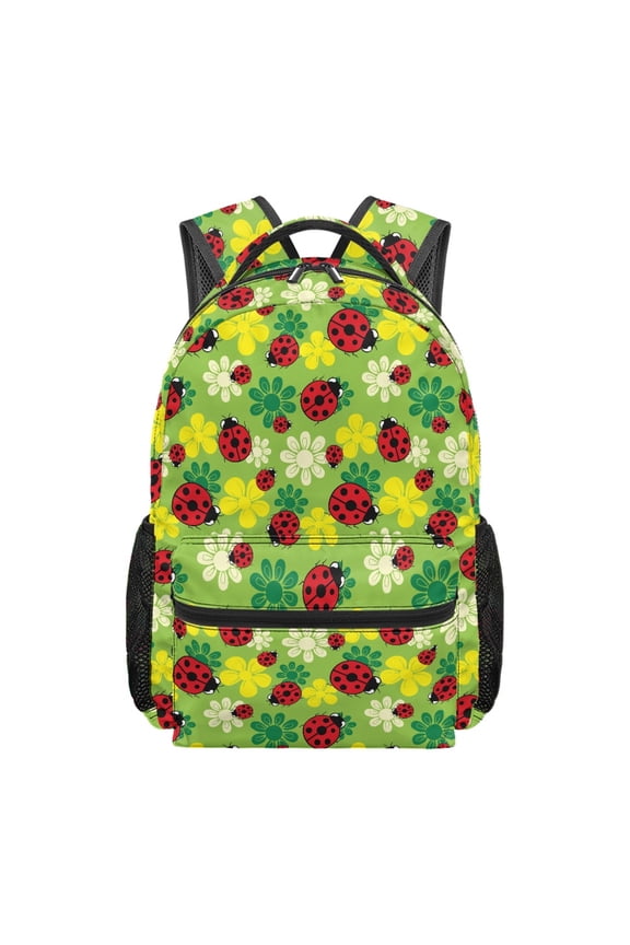 Green Ladybug Print Kids School Backpack for Girls Lightweight Bookbag Elementary School Daypack Teen Backpack with Adjustable Shoulder