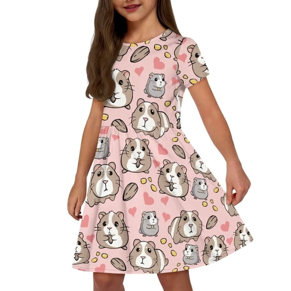Uourmeti Guinea Pig Summer Dresses for Girls 2-14Y Cute Short Sleeve Swing Dress Casual Soft O Neck Knee Length A-Line Dresses with Pockets
