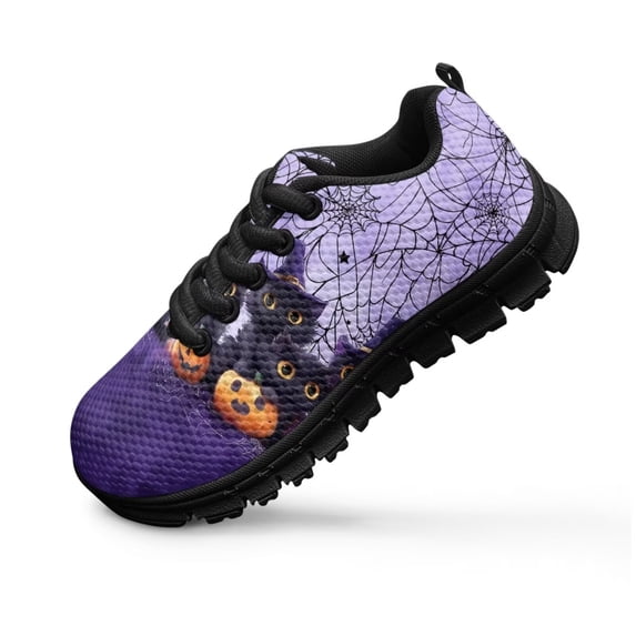 Uourmeti Halloween Cat Shoes Boys Girls Slip on Sneakers with Pumpkin Web Print Athletic Shoes School Sneakers Size 3 Big Little Kid