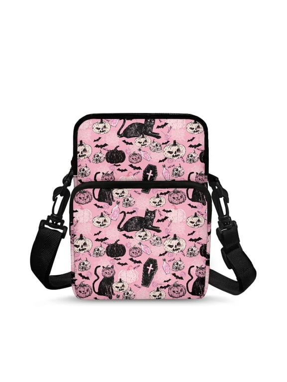 Halloween Crossbody Bag for Travel, Zippered 2-Layer over Shoulder Bags for Women, Spooky Pink Shoulder Bag