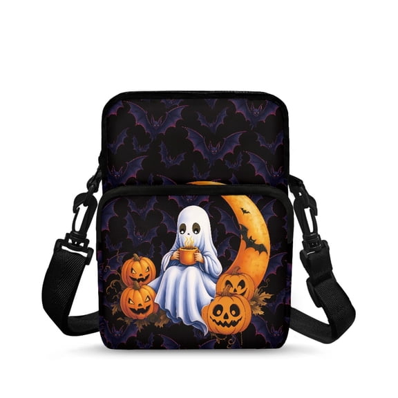 Uourmeti Halloween Ghost Pumpkin Pattern Zipper Closed Crossbody Bag, Polyester Crossbody Bags Portable Crossbody Purse for Shopping Travel