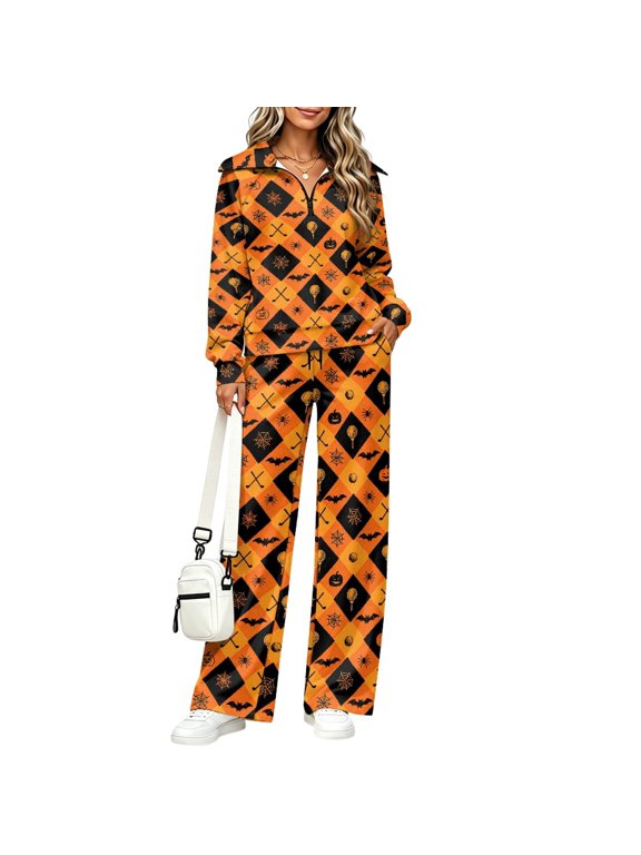 Halloween Golf Checker Pattern Women's 2 Piece Outfits, Sweat Track Suits Lapel Lounge Set Oversized Mock Neck Sweatsuits for Fall Business
