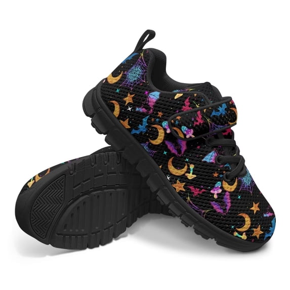 Uourmeti Halloween Shoes for Boys Girls Rainbow Bat Moon Star Tennis Running Shoes Lightweight Breathable Kids Athletic Sport Shoe Size 11.5