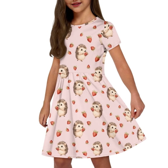 Uourmeti Hedgehog Short Sleeve Dresses for Girls 7-8 Summer Soft Swing Dress Strawberry Crewneck Knee Length A-Line Dresses with Pockets
