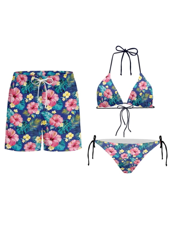 Hibiscus Monstera Print 2 Piece Bikini Sets for Women Swimming Trunks Board Shorts for Men Floral Leaves Casual Summer Beach Matching Swimsuits for Couples Comfort Bathing Suit
