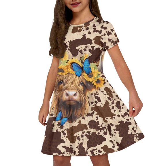 Uourmeti Highland Cow Girls Dress Summer Short Sleeve Dresses Brown Cow Print Casual Athletic Dance Dress Crewneck Knee Length Dress with Pocket