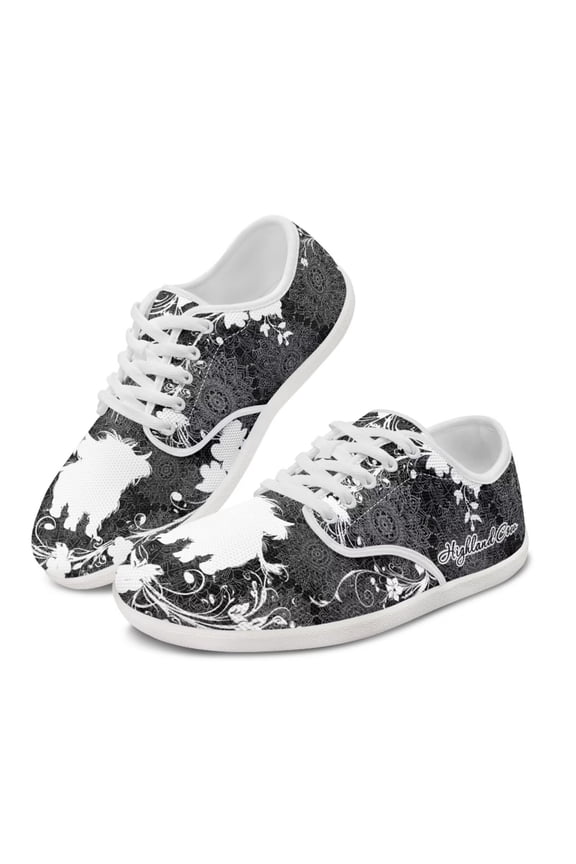 Highland Cow Print Women's Walking Barefoot Shoes Boho Floral Flat Low-Top Lace-up Comfortable Tennis Shoe Athletic Non-Slip Fashion Sneakers
