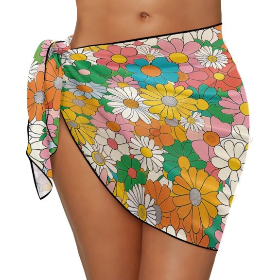 Uourmeti Hippie Flower Print Swimsuit Coverups for Women Beach Wrap Mesh Sheer Bikini Cover Up Sarong Bathing Suit Coverups Chiffon Short Wrap Skirt