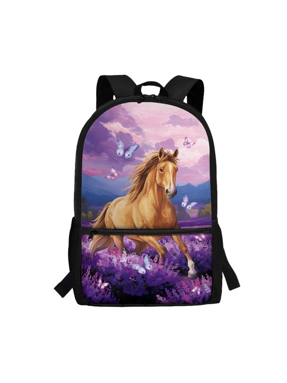 Horse Butterfly Design Large Capacity School Bookbag for Hiking Shopping, Lightweight High Quality School Backpack Adjustable Pressure Relief Shoulder Straps Student Bookbag