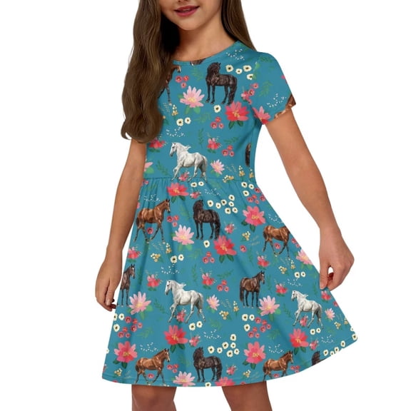 Uourmeti Horse Kids Dresses Girls Summer Short Sleeve Party Dress Flowers Trendy O Neck Midi Dresses Casual Swing Dress with Pockets