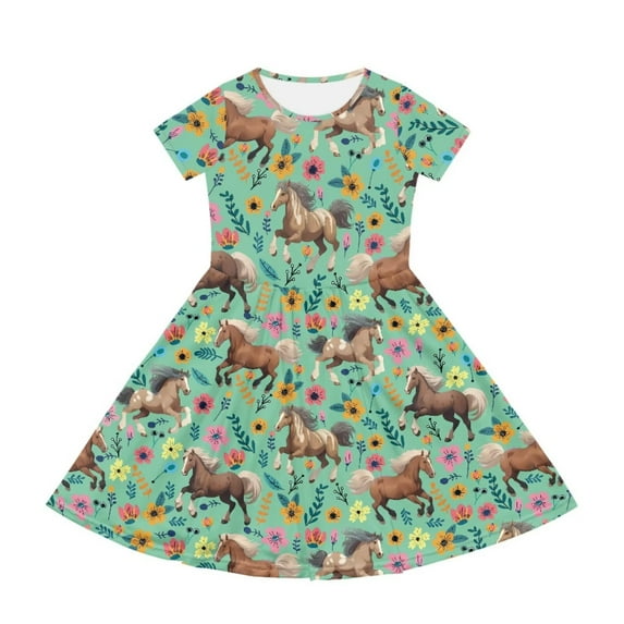 Uourmeti Horse Kids Dresses for Girls 2-14Y Summer Short Sleeve Crewneck Midi Dress Flowers Casual Loose Swing Dresses with Pockets
