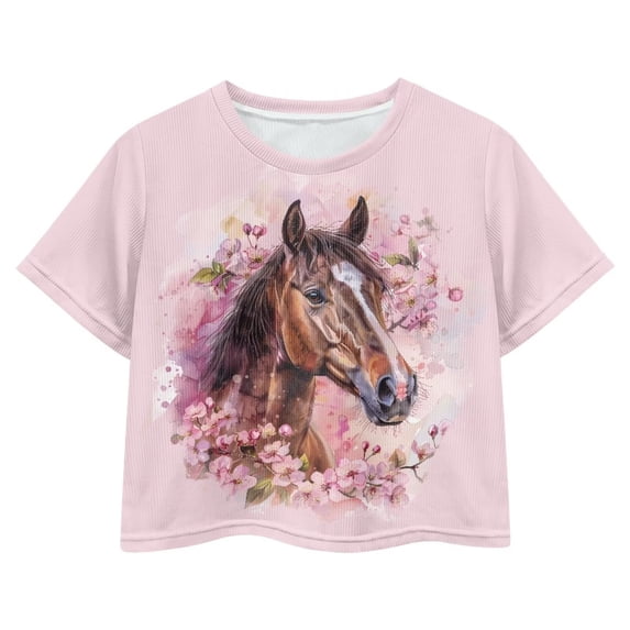 Uourmeti Horse Kids Short T-Shirt Girls Summer Crop Top Cherry Blossom Casual Loose Sports Pullover Lightweight Soft Crew Neck Short Sleeve