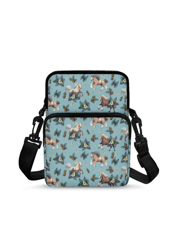 Horse Pineapple Floral Pattern Shoulder Purse Polyester Shoulder Bag for Women, Lightweight with Zipper Crossbody Purse