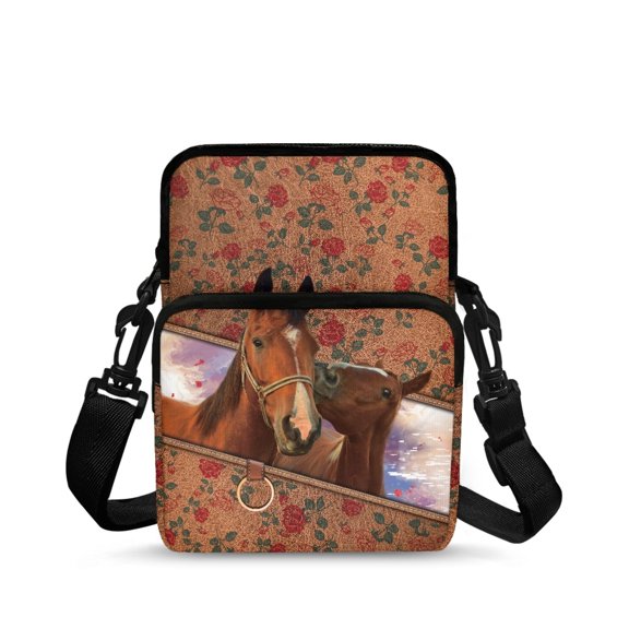 Uourmeti Horse Rose Print Crossbody Bag, Polyester Lightweight Phone Purse for Women, Portable Messenger Bag for Work and School