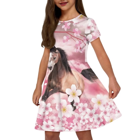 Uourmeti Horse Short Sleeve Dresses for Girls Summer Casual Crewneck Midi Dress Cherry Blossom Lightweight Soft Swing Dresses Sundresses with Pockets
