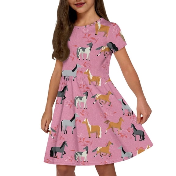Uourmeti Horse Summer Dresses for Girls 7-8Y Pink Short Sleeve Swing Dress Casual Crewneck Knee Length A-Line Dresses with Pockets