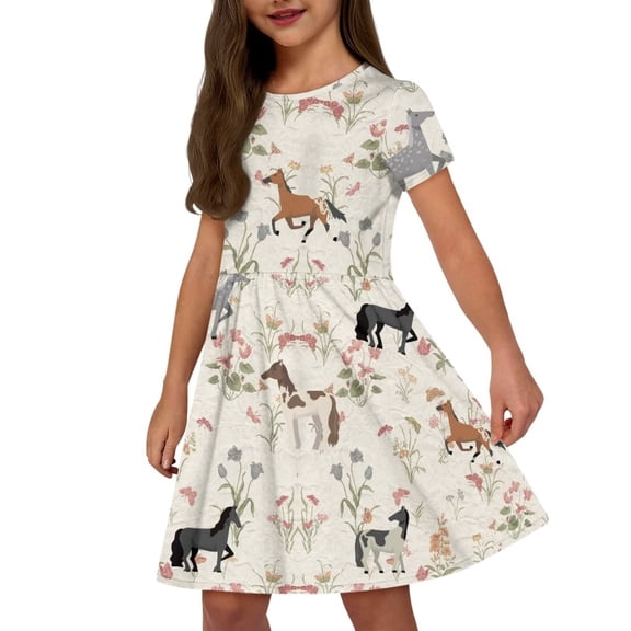Uourmeti Horse Summer Dresses for Little Girls Casual Short Sleeve Swing Dress Flower Animal Print O Neck Knee Length A-Line Dresses with Pockets