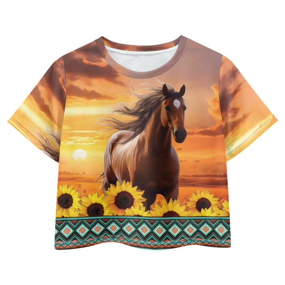 Uourmeti Horse Sunflower Girls Short Sleeve Crop Top Summer Short Crewneck Pullover Southwest Africa Aztec Loose Breathable Sports T-Shirt for 5-14Y Kids