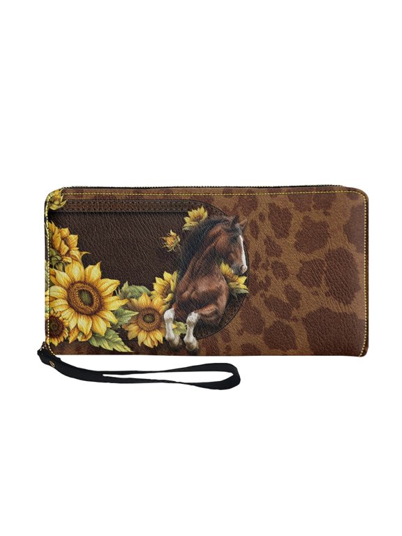 Horse Sunflower Pattern Long Purse for Travel Shopping, Zipper Closure Long Wallet PU Leather Zip Around Women's Wallets