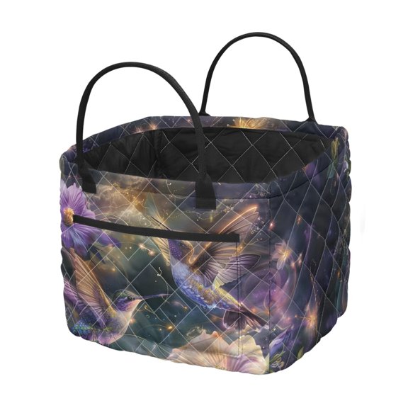 Uourmeti Hummingbird Floral Pattern Pocket Storage Basket for Bedroom Bathroom, Polyester Lightweight Quilted Storage Basket with Durable