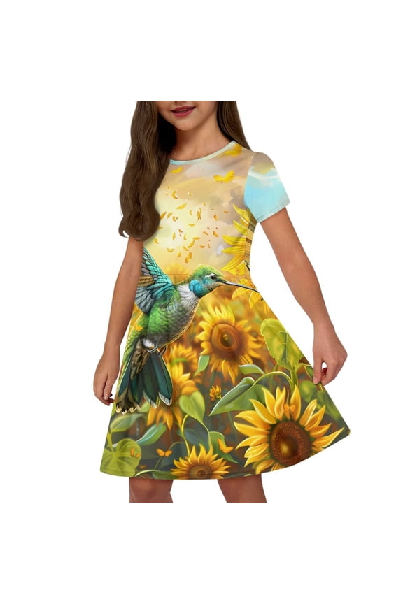 Hummingbird Kids Dresses 9-10Y Girls Summer Short Sleeve Dress Sunflower Lightweight Soft O Neck Midi Wedding Party Dresses with Pockets