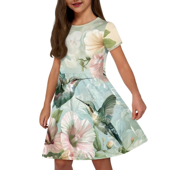 Uourmeti Hummingbird Kids Short Sleeve Dress Girls Summer Crew Neck Swing Dresses Hibiscus Lightweight Soft Knee Length A-Line Dress with Pockets
