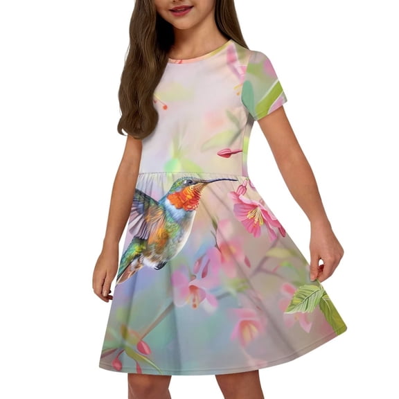 Uourmeti Hummingbird Short Sleeve Swing Dress Flower Casual Crewneck Midi Lightweight Soft Sundress with Pockets for Toddler Girls Teens