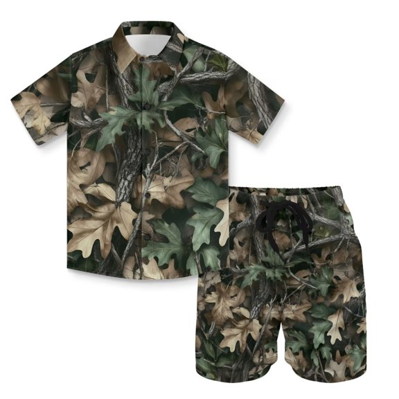 Uourmeti Hunting Leaf Camo Print Boys Tropical Shirt and Shorts Sets Breathable 2 Piece Beach Outfit Holiday Hawaiian Clothes for 4-11Years