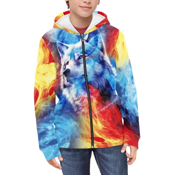 Uourmeti Ice Fire Fashion Wolf Comfy Casual Hoodie for Girls Long Sleeve with Pockets Lightweight Loose Fall Outerwear Size 10-12