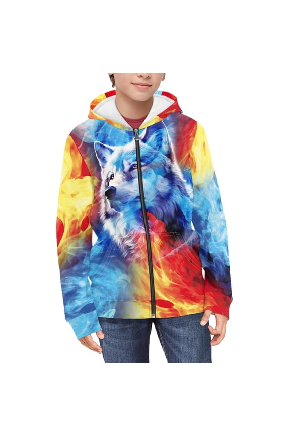 Ice Fire Fashion Wolf Comfy Casual Hoodie for Girls Long Sleeve with Pockets Lightweight Loose Fall Outerwear Size 10-12