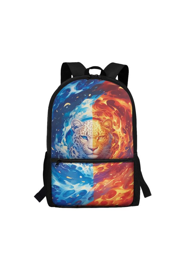 Ice Fire Leopard Print High Quality Backpack for Travel Work, Side Pockets Spacious Compartment School Backpack Front Pocket Polyester Bookbag