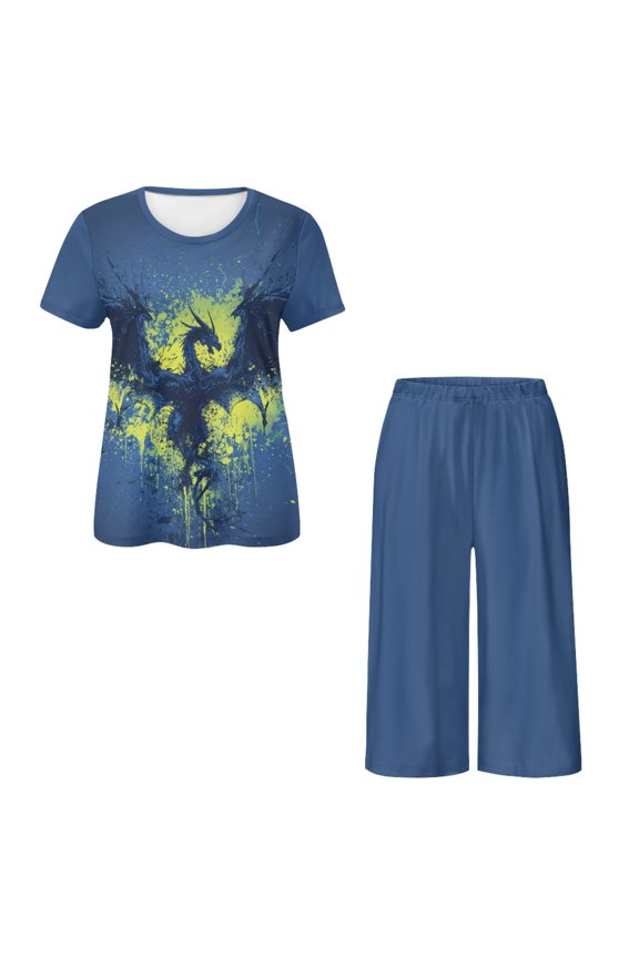 Ink Splatter Dragon Print, Women's Pajama Sets, Soft 2 Piece Lounge Sets, Crew Neck Short Sleeve Tops and Capri Pant