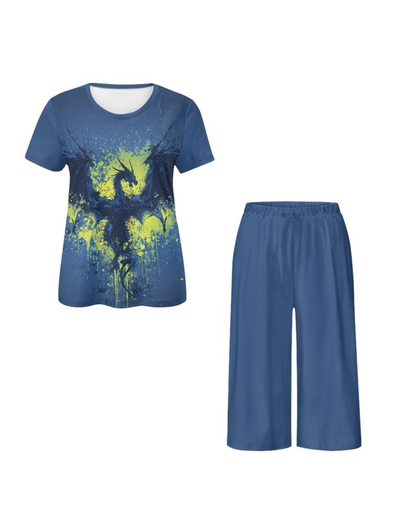Ink Splatter Dragon Print, Women's Pajama Sets, Soft 2 Piece Lounge Sets, Crew Neck Short Sleeve Tops and Capri Pant